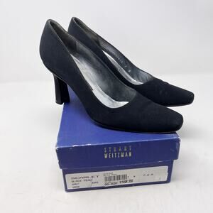 Stuart Weitzman 7 Black Scarlet Peau Du Soie Fabric Square Toe Pump Heel Vtg 90s